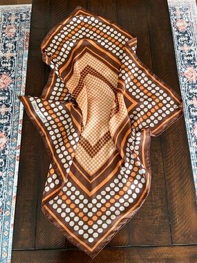 Pierre Cardin 100% Silk Scarf Brown Orange Mod Polka Dot 31” Square